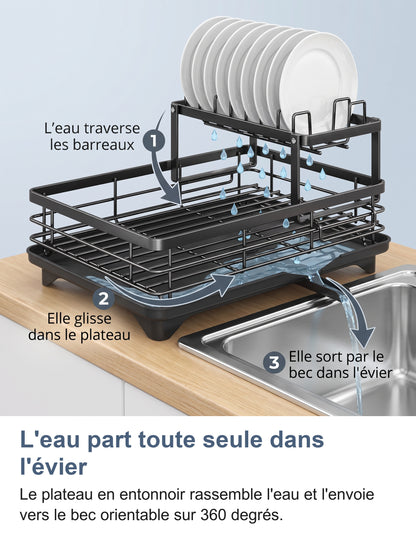 Trajet de l'eau dans l'égouttoir : elle traverse les barreaux, glisse dans le plateau et sort par le bec dans l'évier