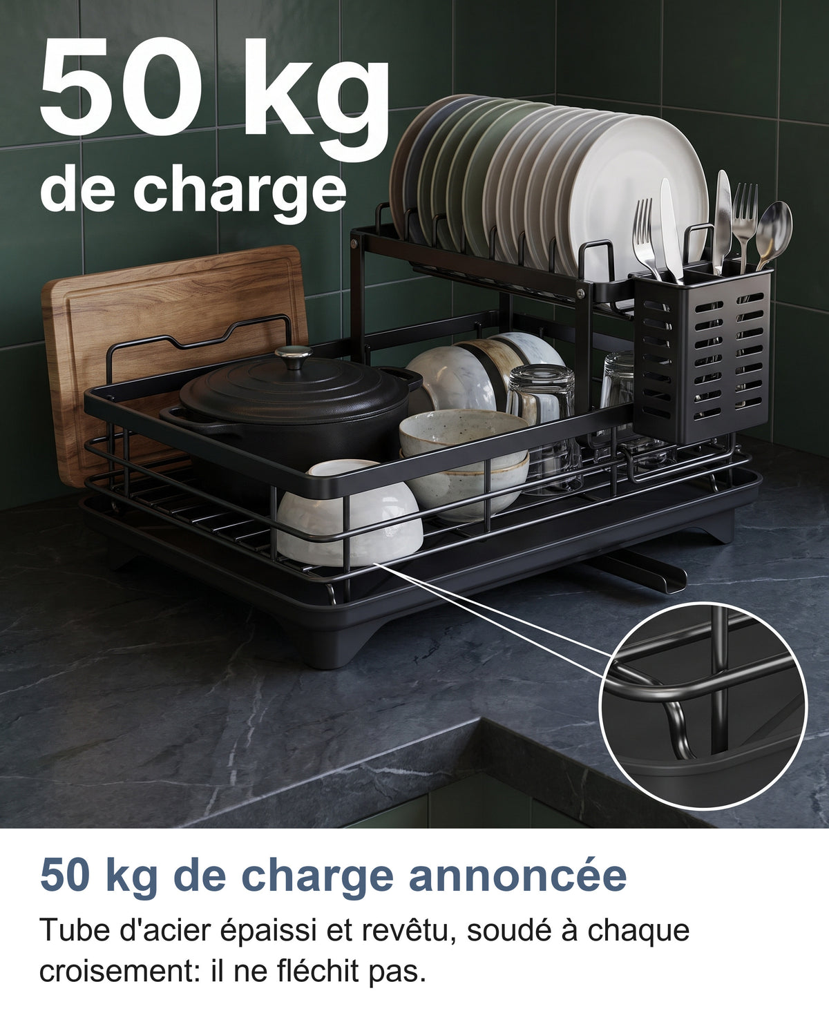 Égouttoir noir chargé d'assiettes, cocotte, bols, verres et couverts, 50 kg de charge, zoom sur une jonction du cadre