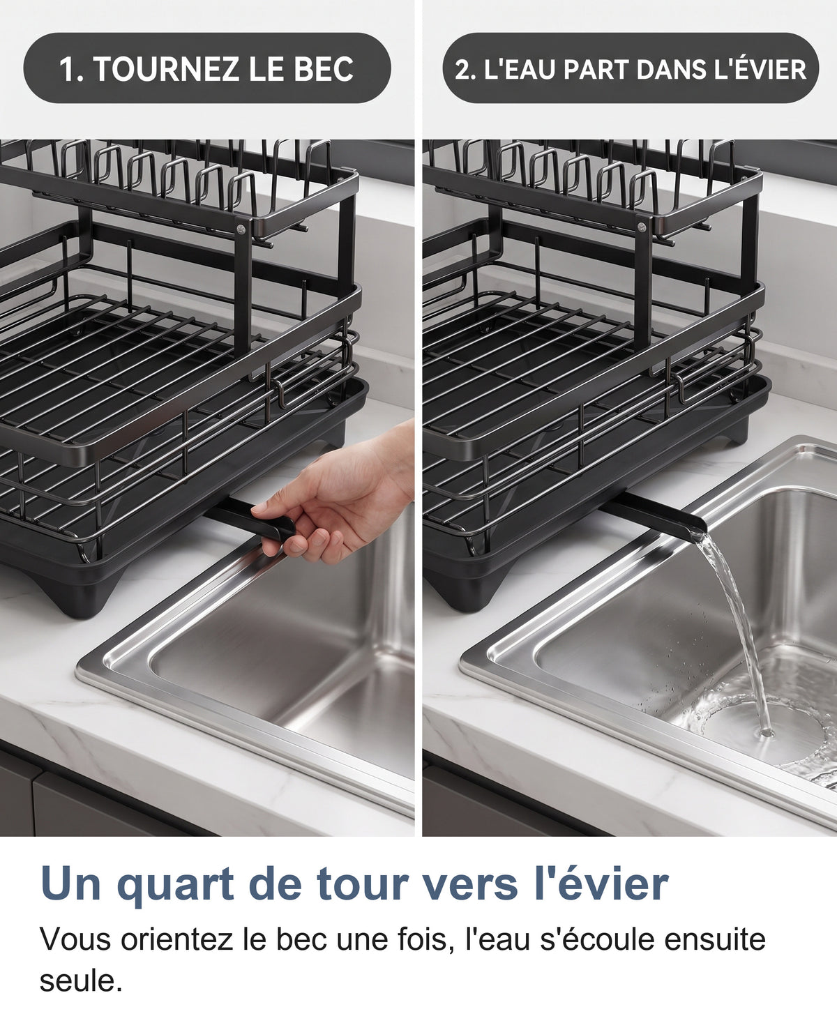 Deux gestes : tourner le bec de l'égouttoir vers l'évier, puis l'eau part dans l'évier