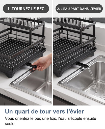 Deux gestes : tourner le bec de l'égouttoir vers l'évier, puis l'eau part dans l'évier