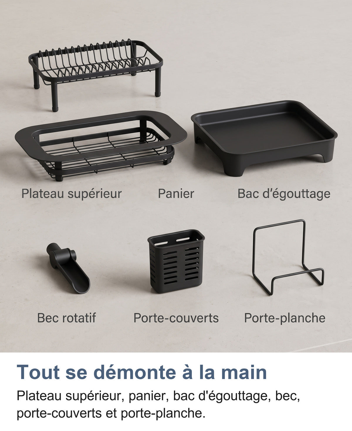Les pièces de l'égouttoir : plateau supérieur, panier, bac d'égouttage, bec rotatif, porte-couverts et porte-planche