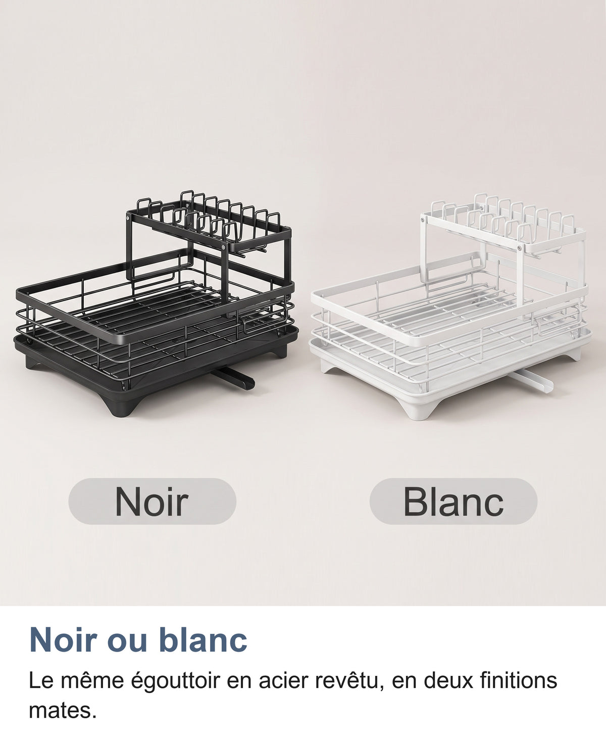 Les deux coloris de l'égouttoir à vaisselle : noir et blanc