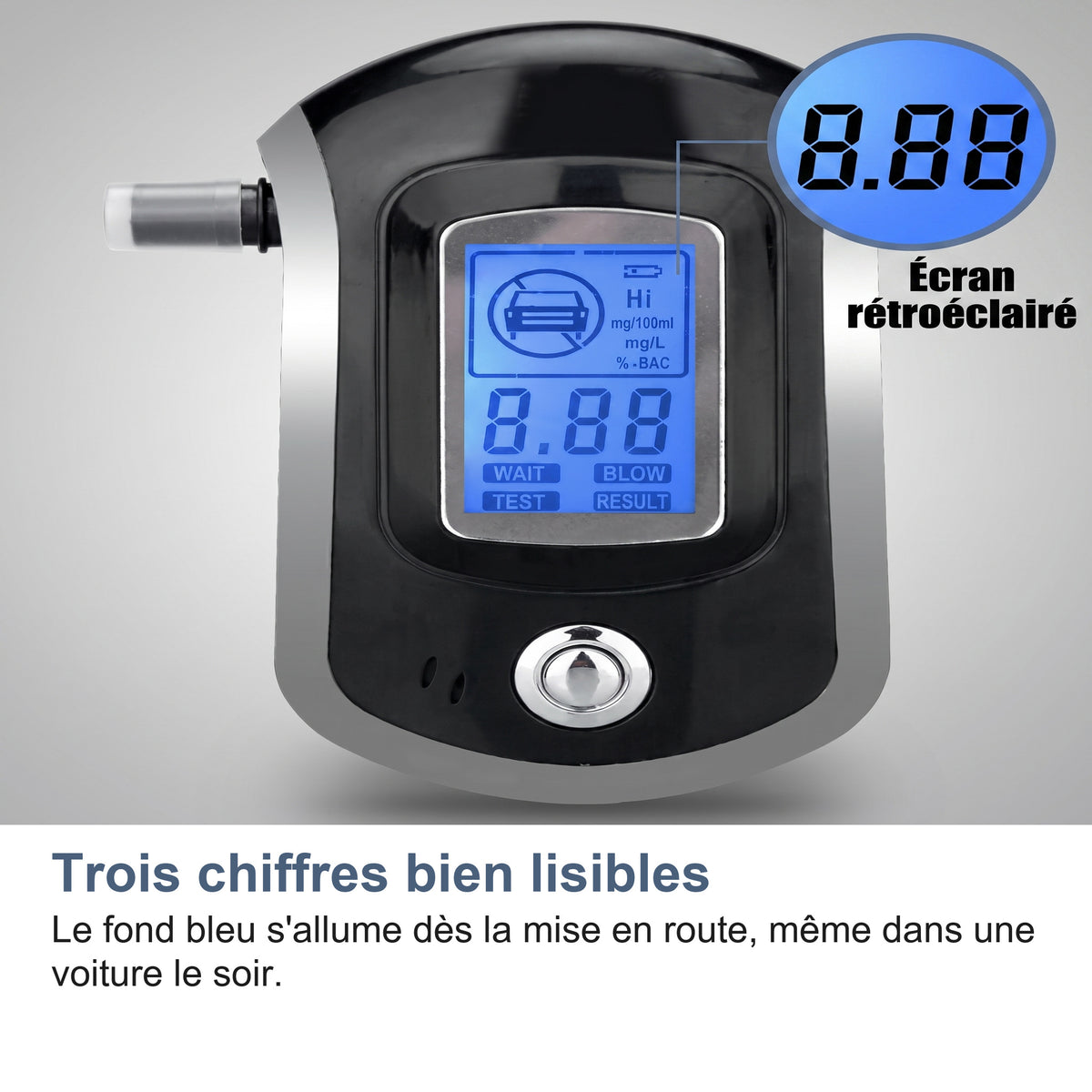 Trois chiffres bien lisibles Le fond bleu s'allume dès la mise en route, même dans une voiture le soir.