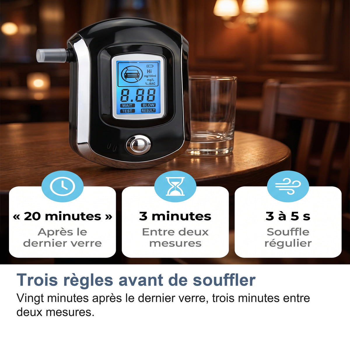Trois règles avant de souffler Vingt minutes après le dernier verre, trois minutes entre deux mesures.