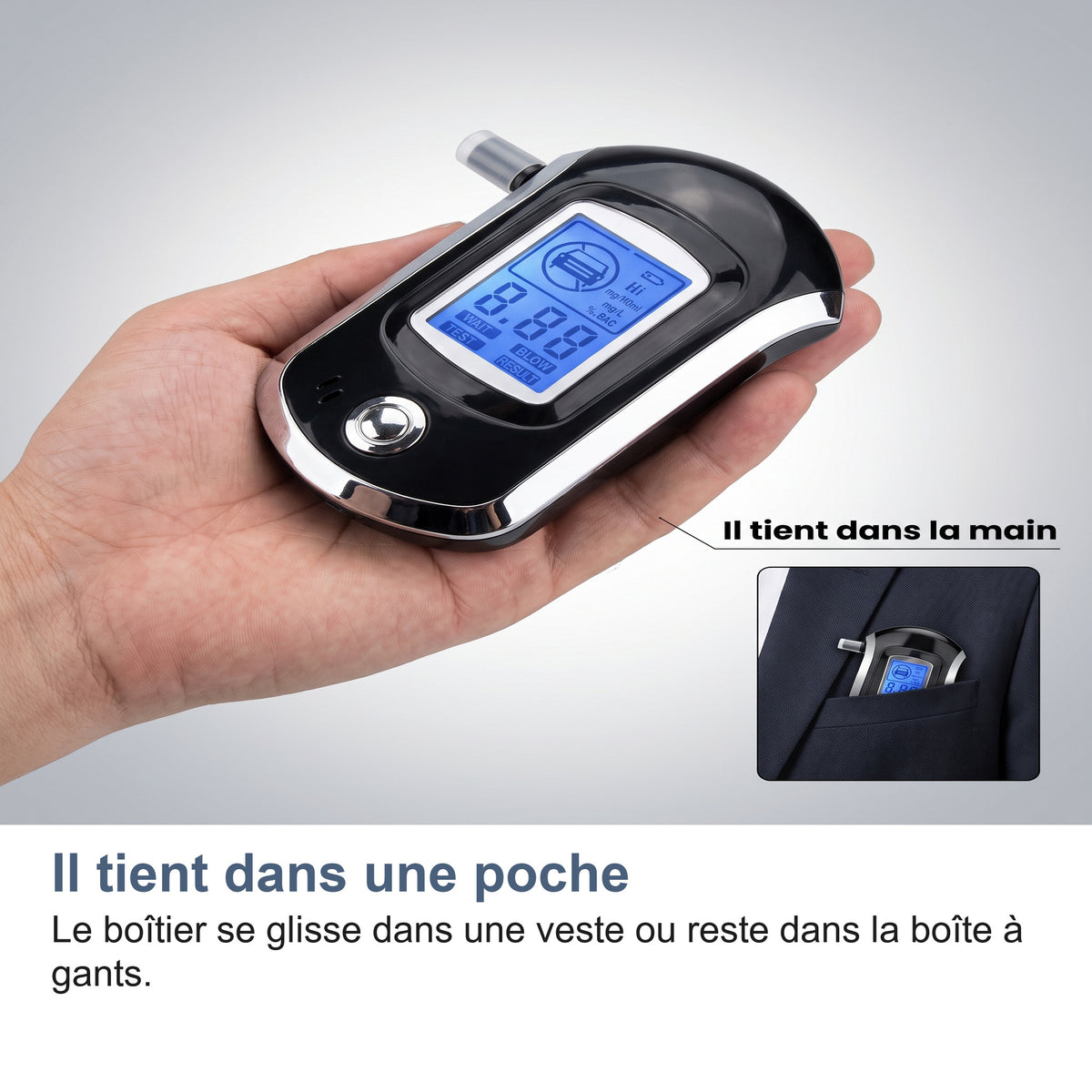 Il tient dans une poche Le boîtier se glisse dans une veste ou reste dans la boîte à gants.