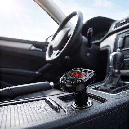 Transmetteur FM Bluetooth voiture branche près du levier de vitesse, vue rapprochée
