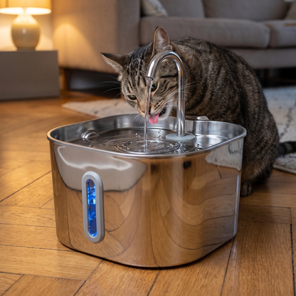 Chat qui boit au jet de la fontaine à eau en inox