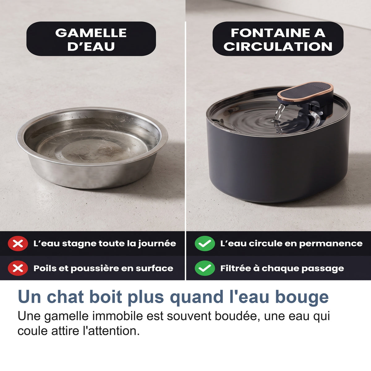 Un chat boit plus quand l'eau bouge Une gamelle immobile est souvent boudée, une eau qui coule attire l'attention.