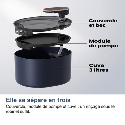 Elle se sépare en trois Couvercle, module de pompe et cuve : un rinçage sous le robinet suffit.
