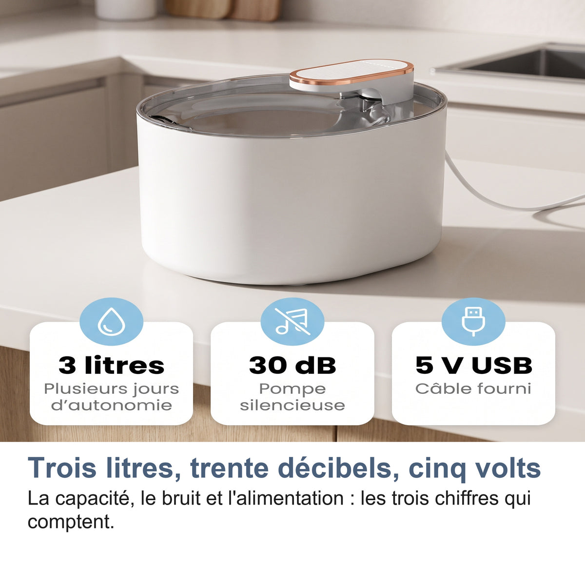 Trois litres, trente décibels, cinq volts La capacité, le bruit et l'alimentation : les trois chiffres qui comptent.