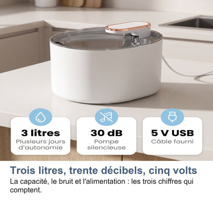 Trois litres, trente décibels, cinq volts La capacité, le bruit et l'alimentation : les trois chiffres qui comptent.