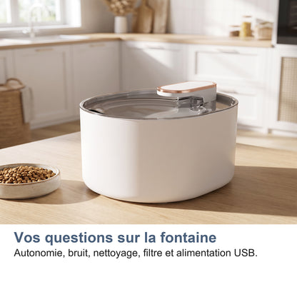 Vos questions sur la fontaine Autonomie, bruit, nettoyage, filtre et alimentation USB.