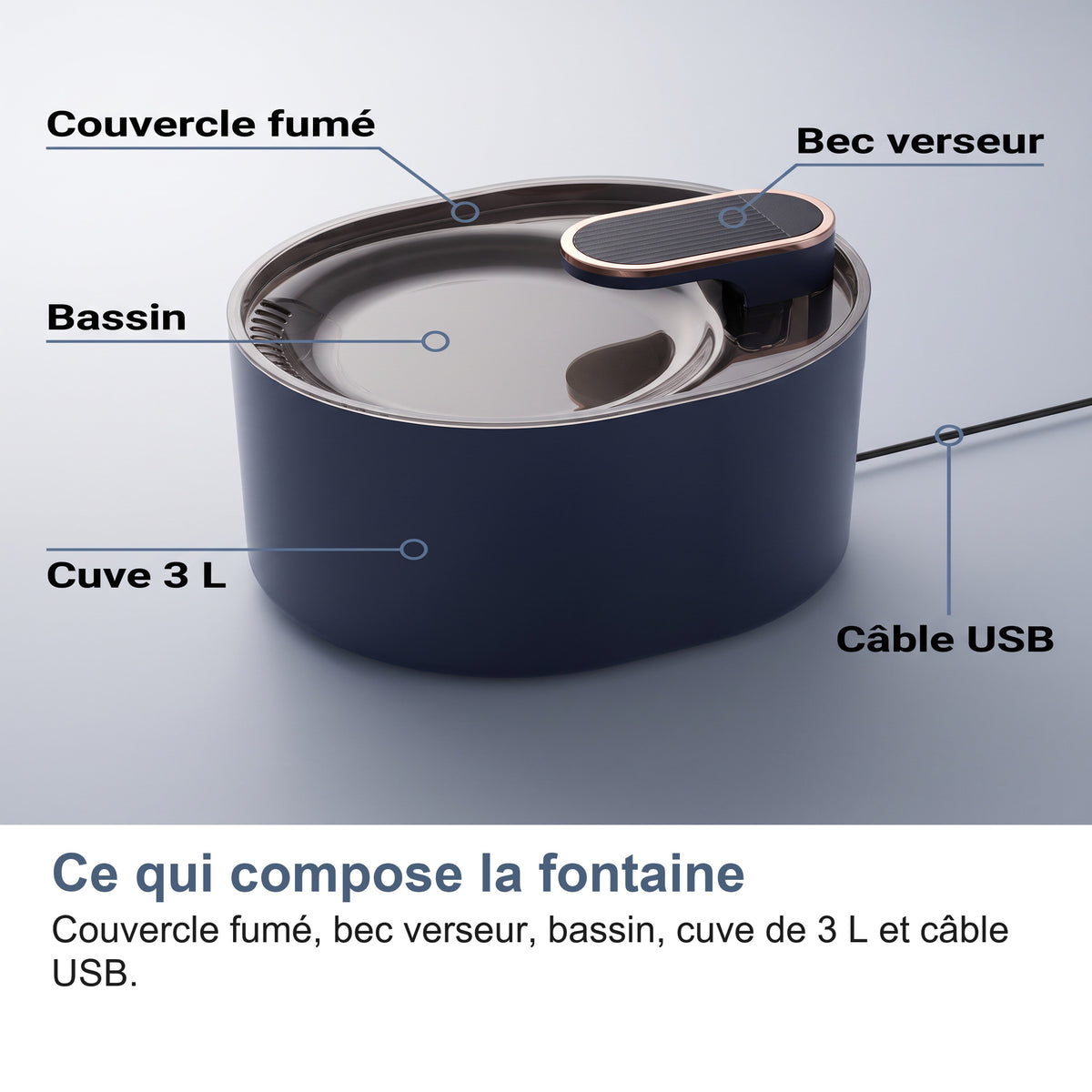Ce qui compose la fontaine Couvercle fumé, bec verseur, bassin, cuve de 3 L et câble USB.