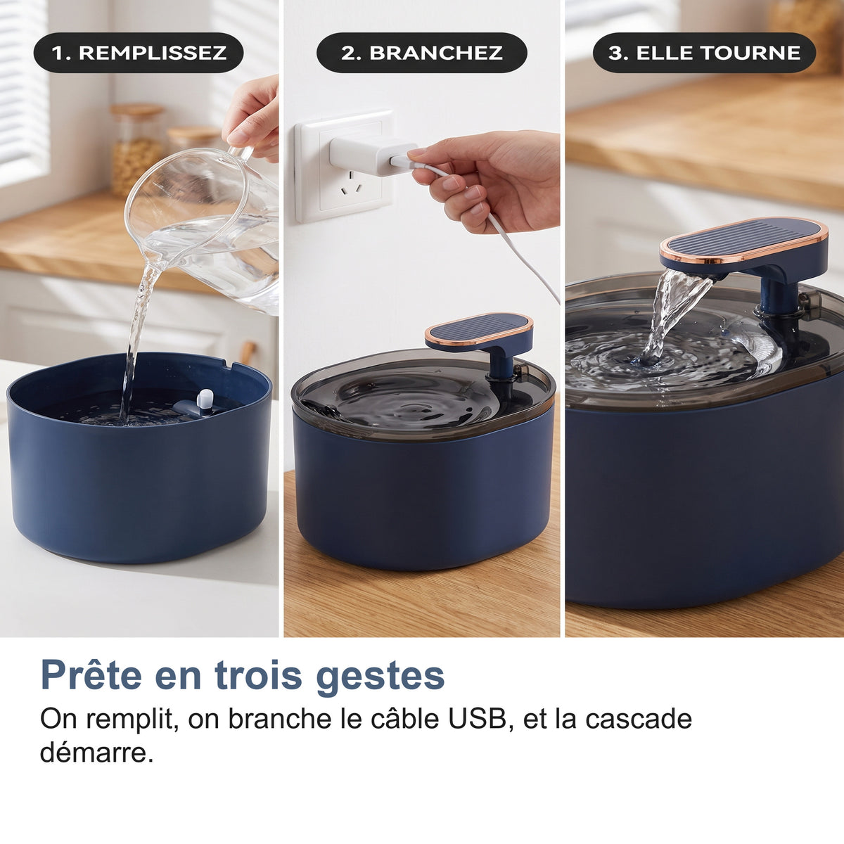Prête en trois gestes On remplit, on branche le câble USB, et la cascade démarre.