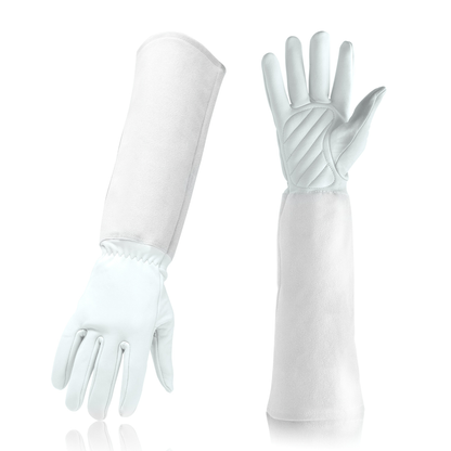 Gants de jardinage à manchette longue, coloris blanc aspect cuir