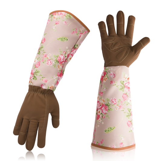 Gants de jardinage à manchette longue, coloris brun fleurs roses