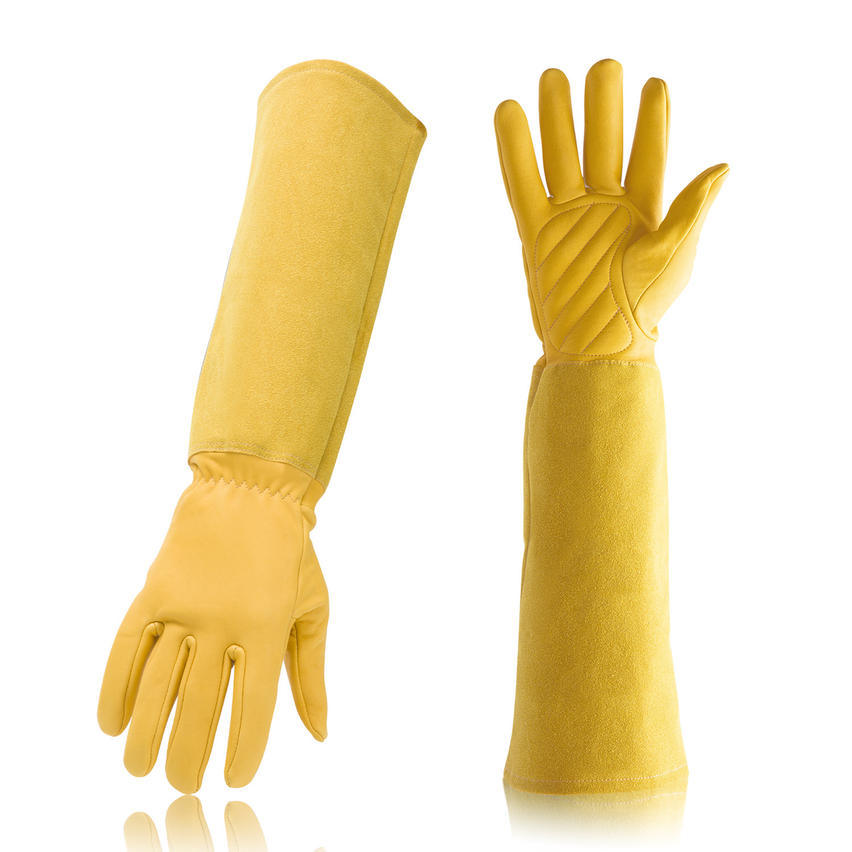 Gants de jardinage à manchette longue, coloris jaune aspect cuir