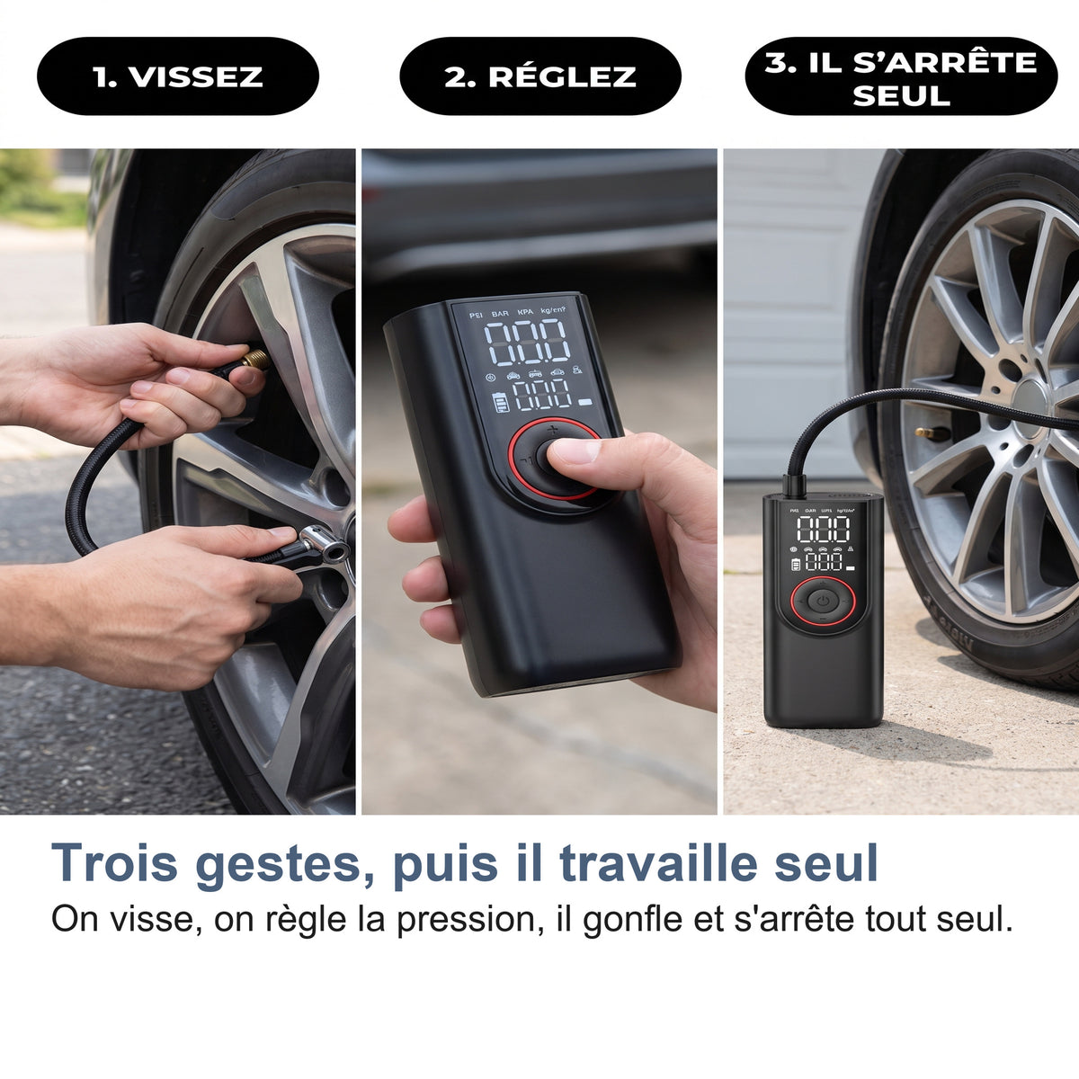 Trois gestes, puis il travaille seul On visse, on règle la pression, il gonfle et s'arrête tout seul.