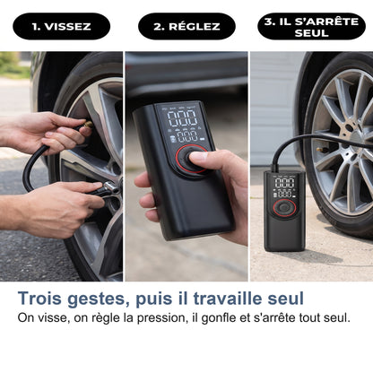 Trois gestes, puis il travaille seul On visse, on règle la pression, il gonfle et s'arrête tout seul.