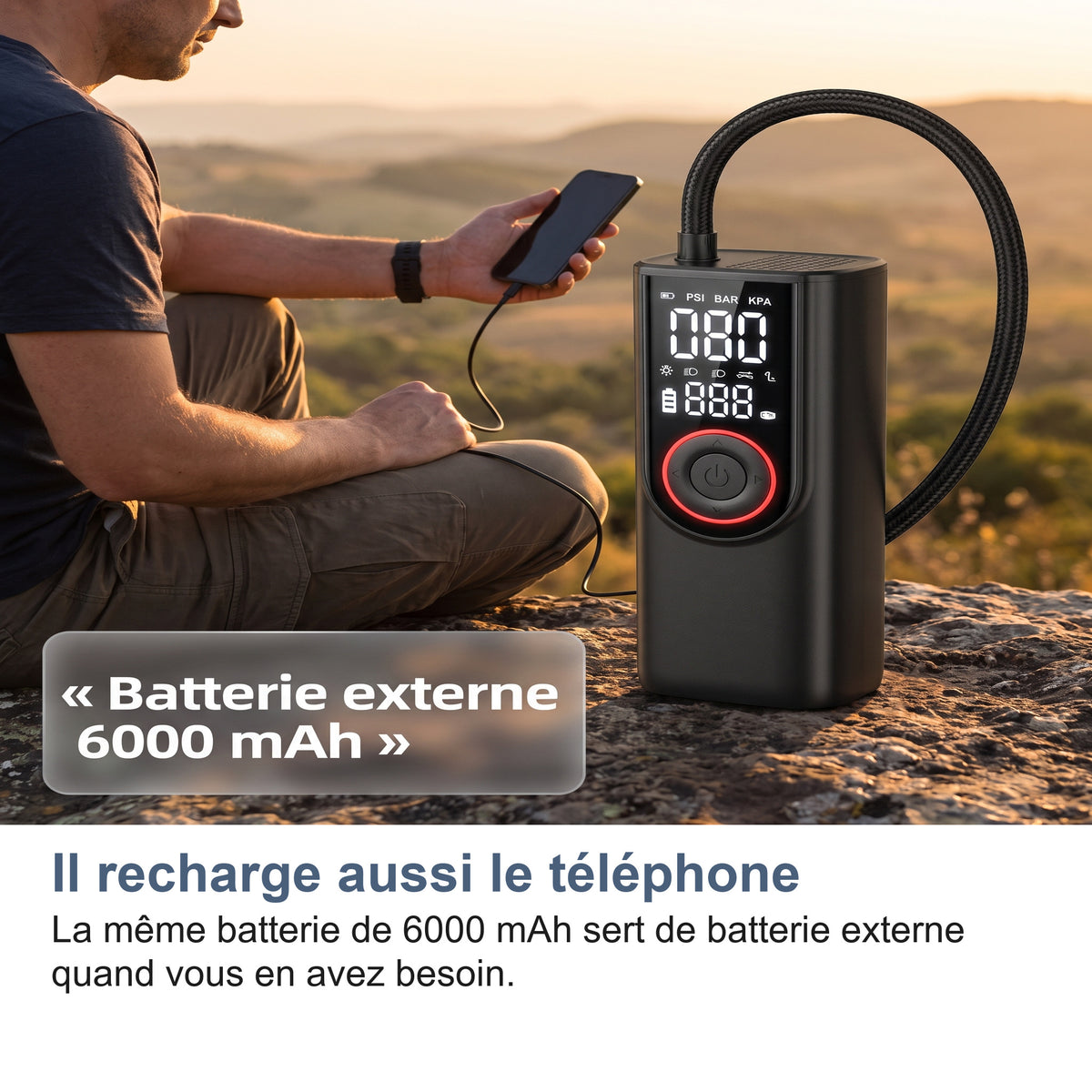 Il recharge aussi le téléphone La même batterie de 6000 mAh sert de batterie externe quand vous en avez besoin.