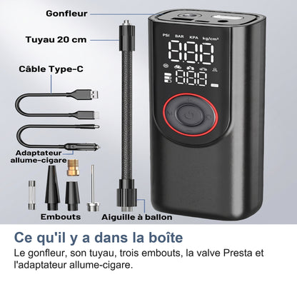 Ce qu'il y a dans la boîte Le gonfleur, son tuyau, trois embouts, la valve Presta et l'adaptateur allume-cigare.