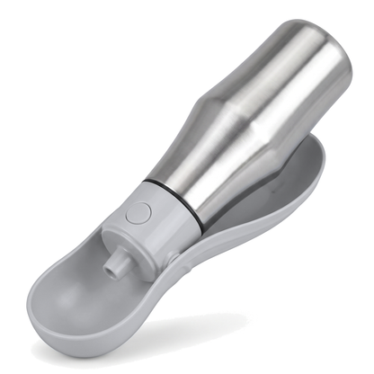 Gourde pour chien nomade avec bol repliable intégré et bouton unique, coloris argent