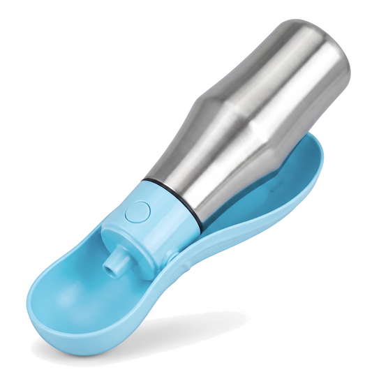 Gourde pour chien nomade avec bol repliable intégré et bouton unique, coloris bleu
