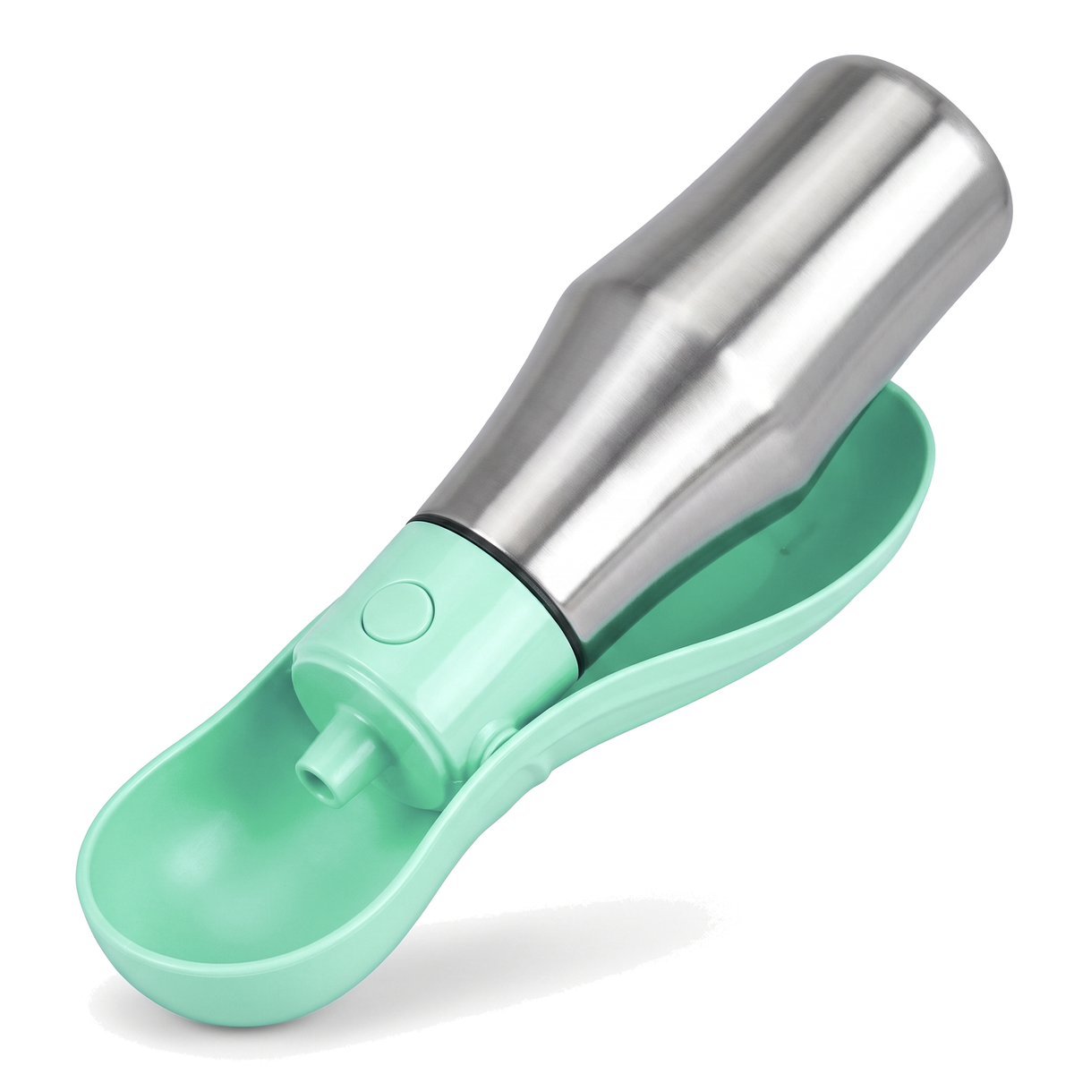 Gourde pour chien nomade avec bol repliable intégré et bouton unique, coloris vert