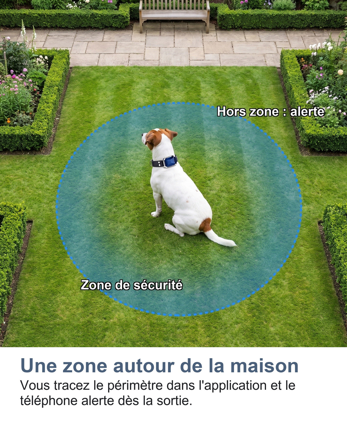 Une zone autour de la maison Vous tracez le périmètre dans l'application et le téléphone alerte dès la sortie.