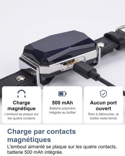 Charge par contacts magnétiques L'embout aimanté se plaque sur les quatre contacts, batterie 500 mAh intégrée.