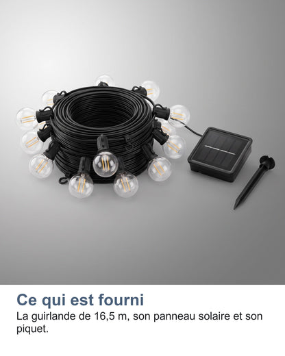 Ce qui est fourni La guirlande de 16,5 m, son panneau solaire et son piquet.