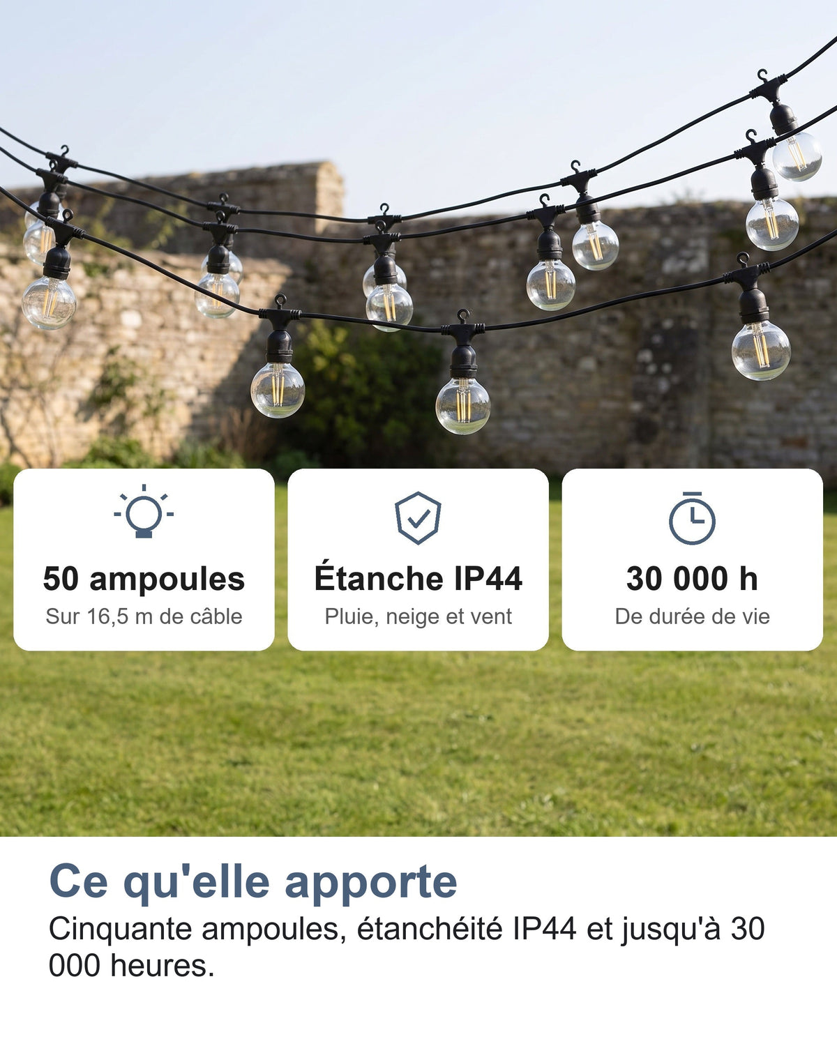 Ce qu'elle apporte Cinquante ampoules, étanchéité IP44 et jusqu'à 30 000 heures.