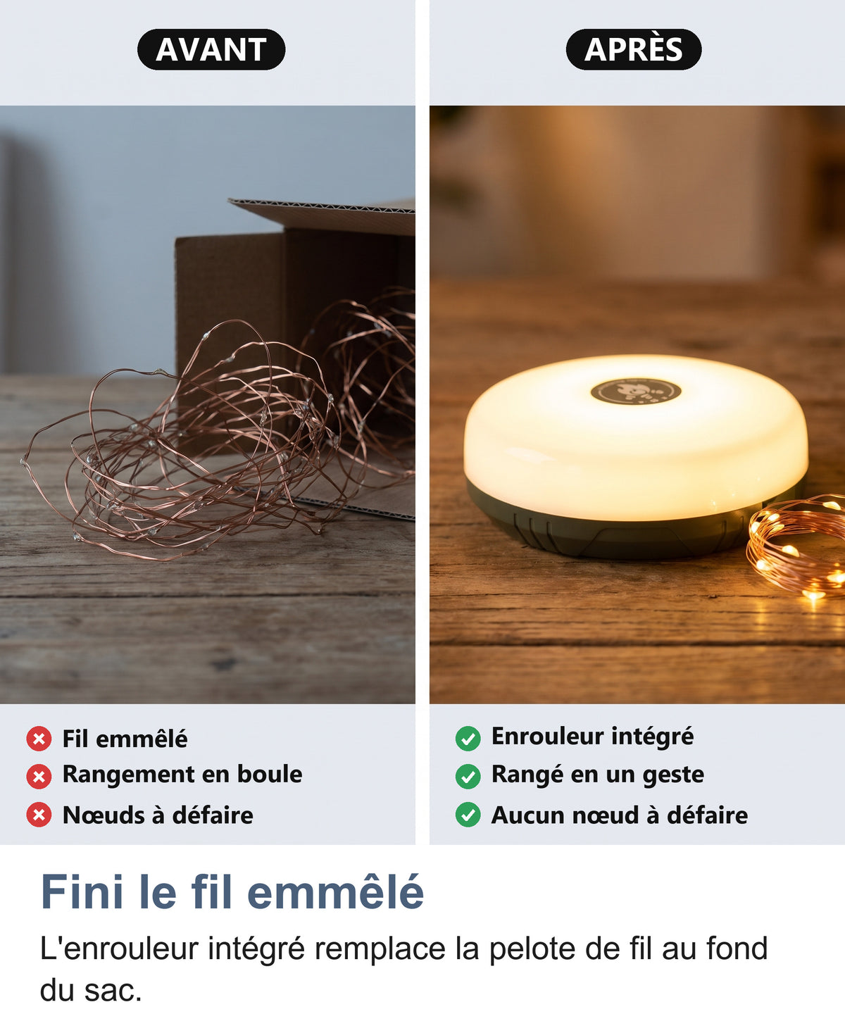 Avant, un fil de guirlande emmêlé en vrac ; après, la guirlande rangée dans son boîtier allumé