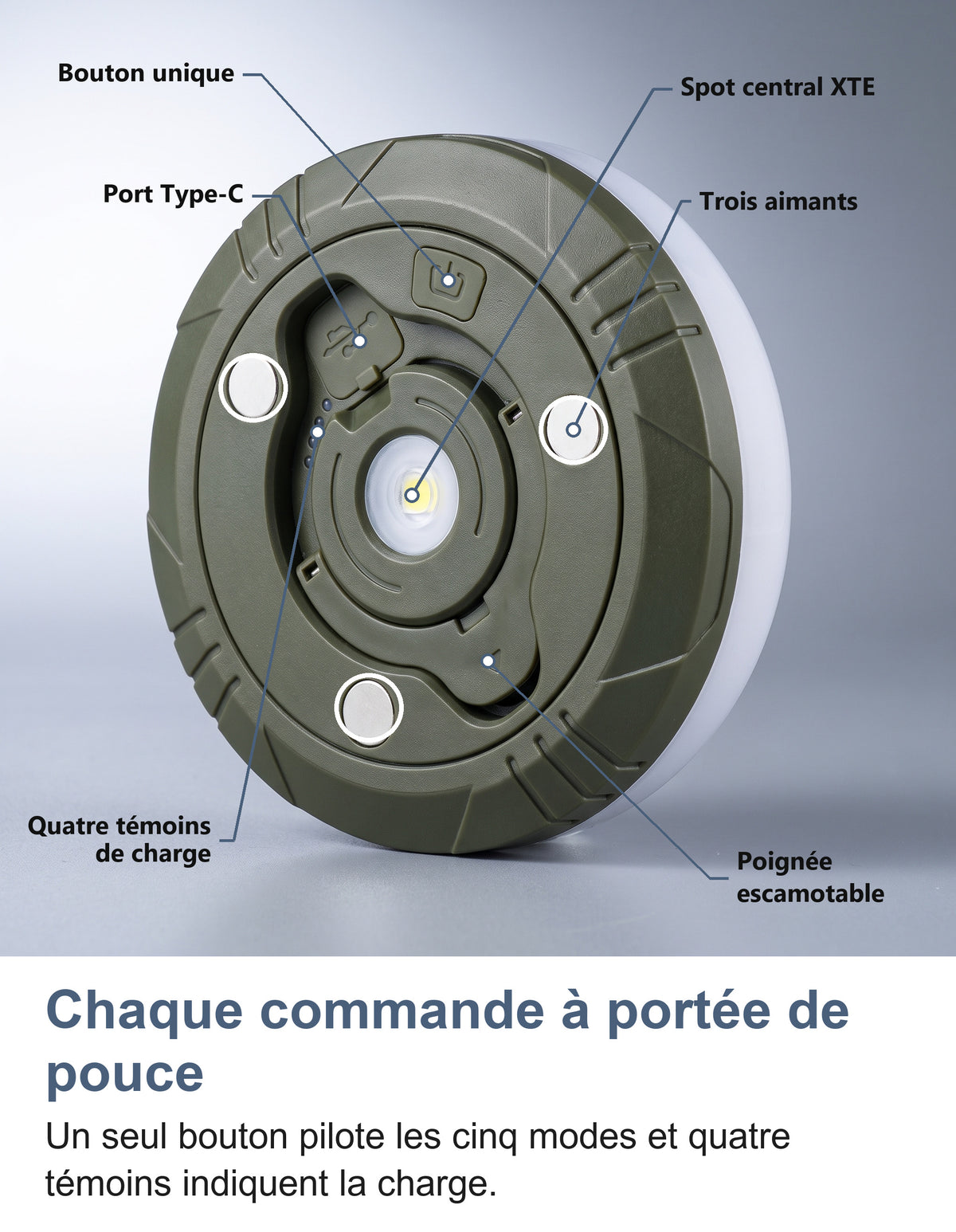 Face verte du boîtier légendée : bouton unique, port Type-C, spot central XTE, trois aimants, quatre témoins de charge et poignée escamotable