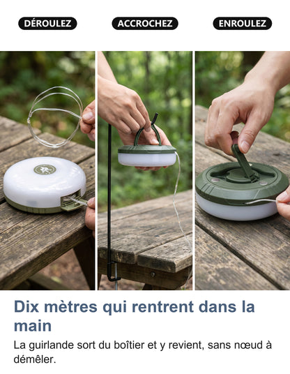 Trois gestes : dérouler la guirlande hors du boîtier, accrocher le boîtier par sa poignée, enrouler la guirlande en tournant la poignée