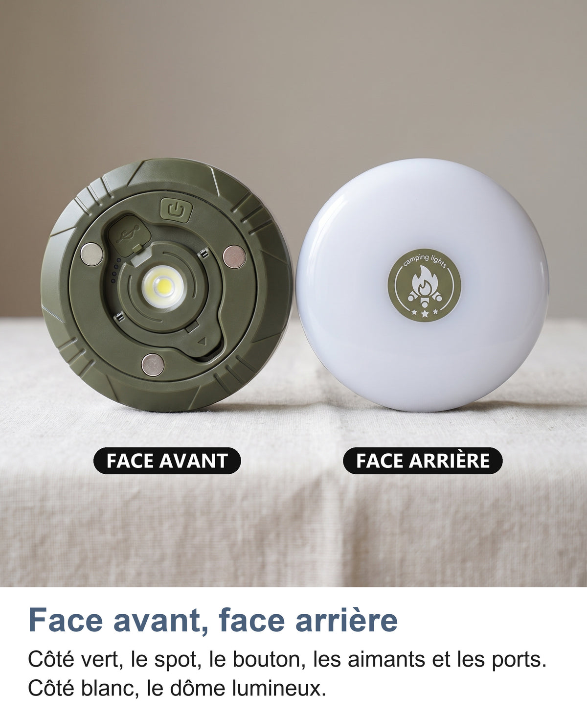 Face avant verte du boîtier avec spot, bouton et aimants, et face arrière en dôme blanc avec son badge