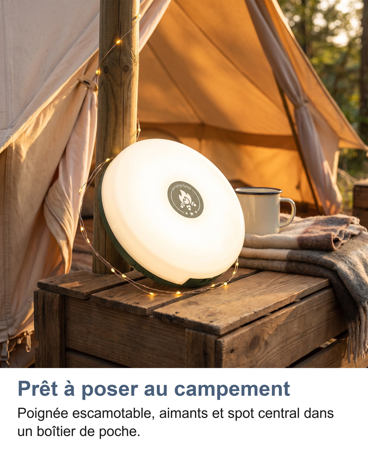 Boîtier de la guirlande allumé, dôme et badge vers le haut, sous l'auvent d'une tente au coucher du soleil