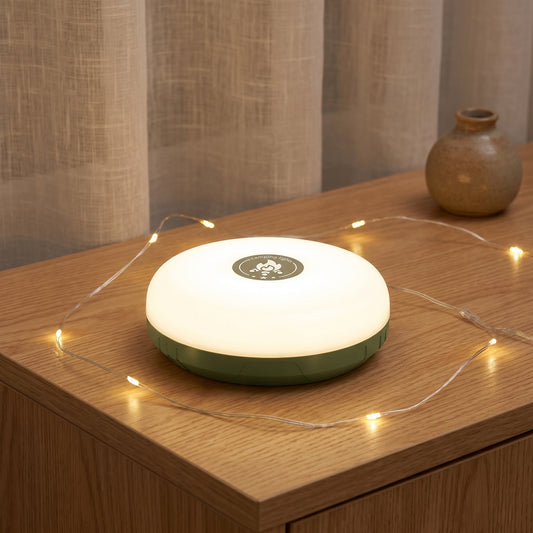 Boîtier rond de la guirlande lumineuse allumé, dôme blanc et badge vers le haut, sur un buffet en chêne entouré de la guirlande micro LED blanc chaud