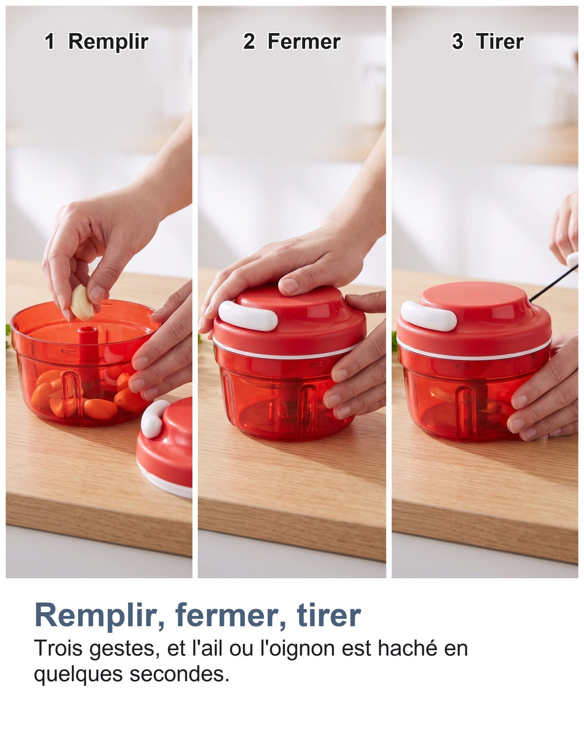 Remplir, fermer, tirer. Trois gestes, et l'ail ou l'oignon est haché en quelques secondes.