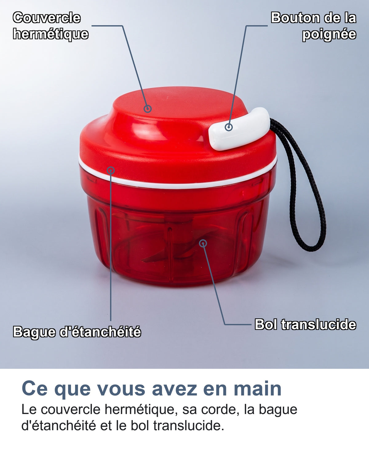 Ce que vous avez en main. Le couvercle hermétique, sa corde, la bague d'étanchéité et le bol translucide.