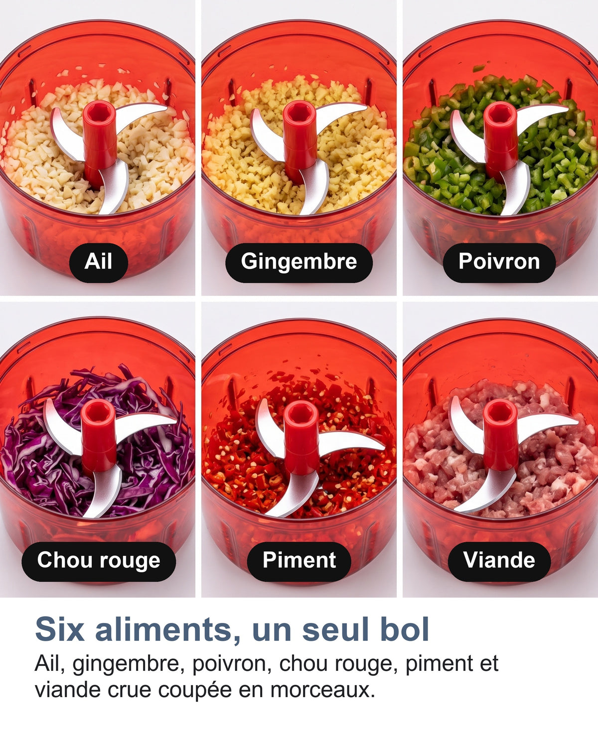 Six aliments, un seul bol. Ail, gingembre, poivron, chou rouge, piment et viande crue coupée en morceaux.