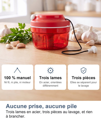 Aucune prise, aucune pile. Trois lames en acier, trois pièces au lavage, et rien à brancher.
