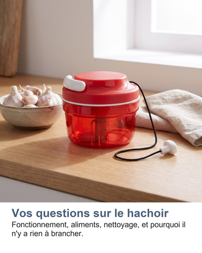 Vos questions sur le hachoir. Fonctionnement, aliments, nettoyage, et pourquoi il n'y a rien à brancher.