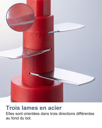 Trois lames en acier. Elles sont orientées dans trois directions différentes au fond du bol.