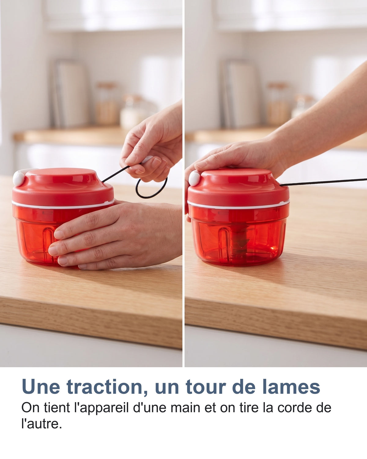 Une traction, un tour de lames. On tient l'appareil d'une main et on tire la corde de l'autre.