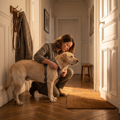 Harnais chien gris ferme dans une entrée d'appartement