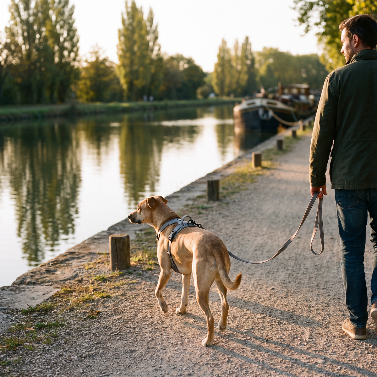 Chien en balade au bord du canal avec son harnais gris