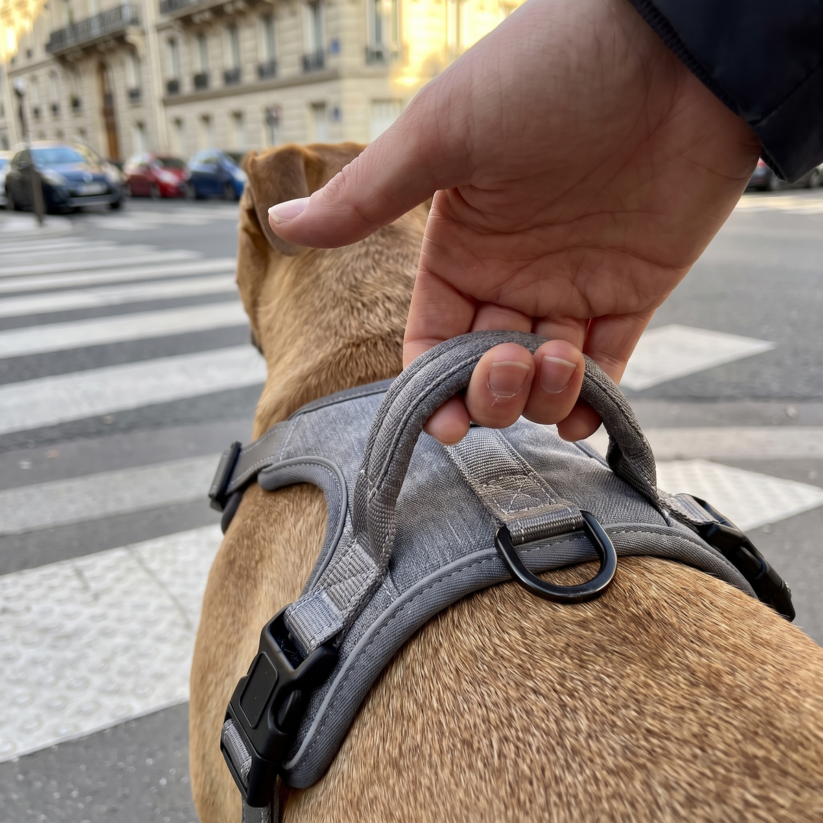 Main sur la poignée dorsale du harnais chien gris