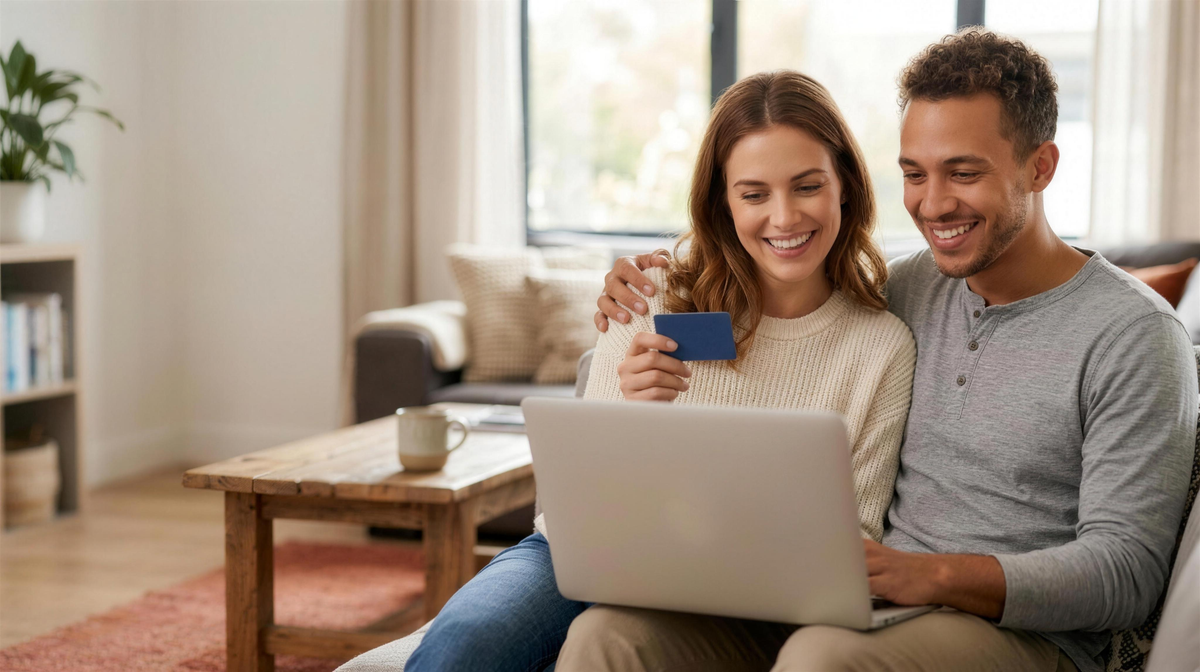 Rivorine hero banner - happy couple shopping online with laptop