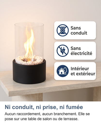 Cheminée de table sur une console : sans conduit, sans électricité, intérieur et extérieur